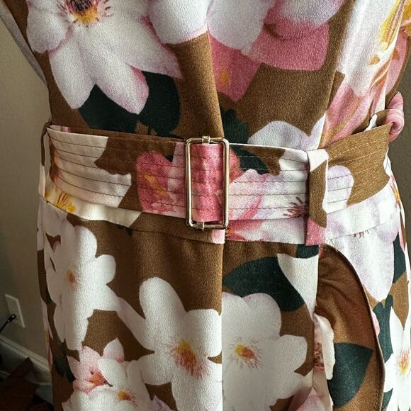 Calvin Klein Size 8 Sleeveless Brown Floral Print Belt w/Ruffle Hem Spring Dress - Picture 3 of 15